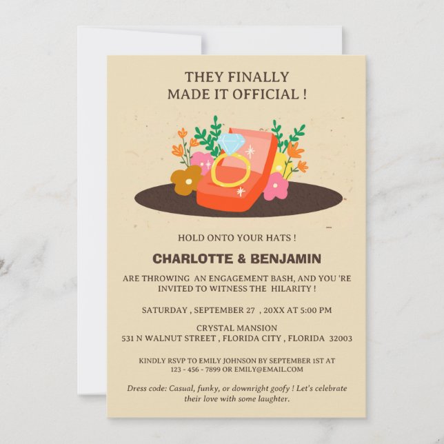 Invitación  Fiesta divertida y casual de compromiso (Anverso)