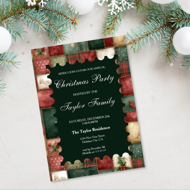 Invitación Fiesta divertida y chic de Navidad con vegetación  (christmas patchwork colorful warm watercolor party invitation)