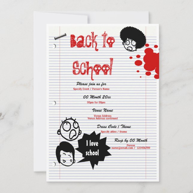 Invitación fiesta divertido "de vuelta a la escuela" "Reunión (Anverso)