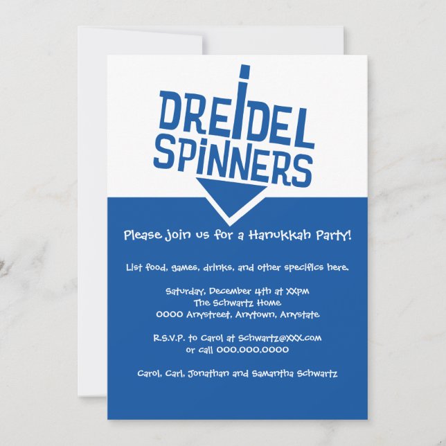 Invitación Fiesta Dreidel Spinners Hanukkah (Anverso)