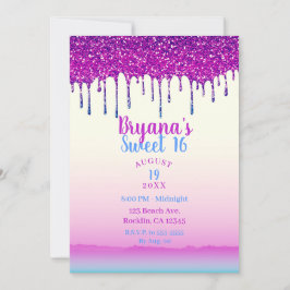 Invitación Fiesta Dulce 16 Brillante Gota de Purpurina Rosa A
