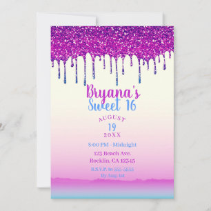 Invitación Fiesta Dulce 16 Brillante Gota de Purpurina Rosa A