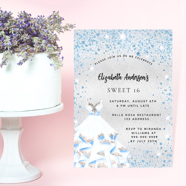 Invitación Fiesta dulce 16 brillantes azules plateados (Subido por el creador)