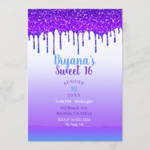 Invitación Fiesta Dulce 16 Brillo Purpura Rosa y Azul Goteo