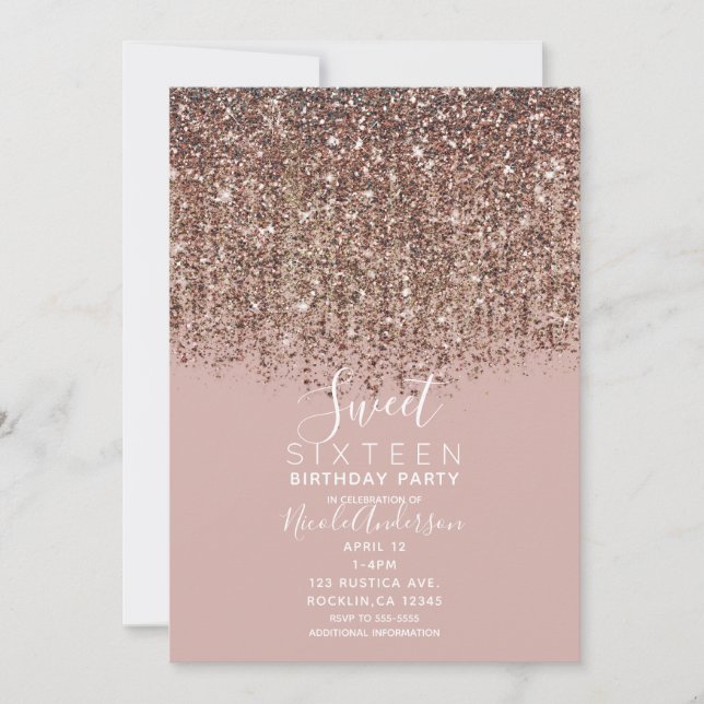 Invitación Fiesta Dulce 16 Bronce Rosa Grisáceo con Brillo Do (Anverso)