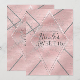 Invitación Fiesta Dulce 16 con brillo de satén rosa y plata
