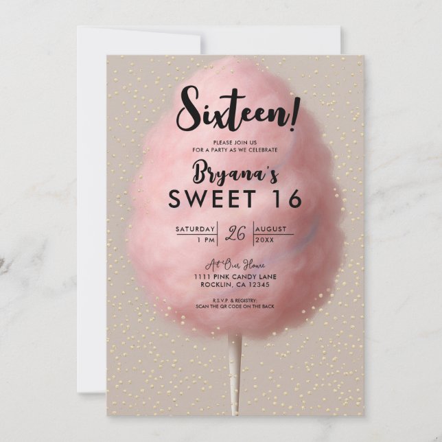 Invitación Fiesta Dulce 16 Confeti Dorado Algodón de Azúcar R (Anverso)