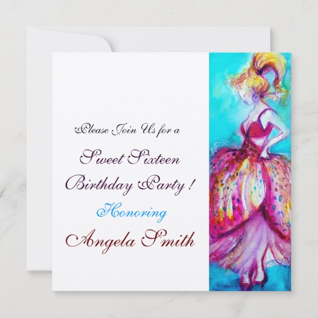 Invitación FIESTA DULCE 16 CUMPLEAÑOS Turquesa rosa Rojo Azul (Anverso)