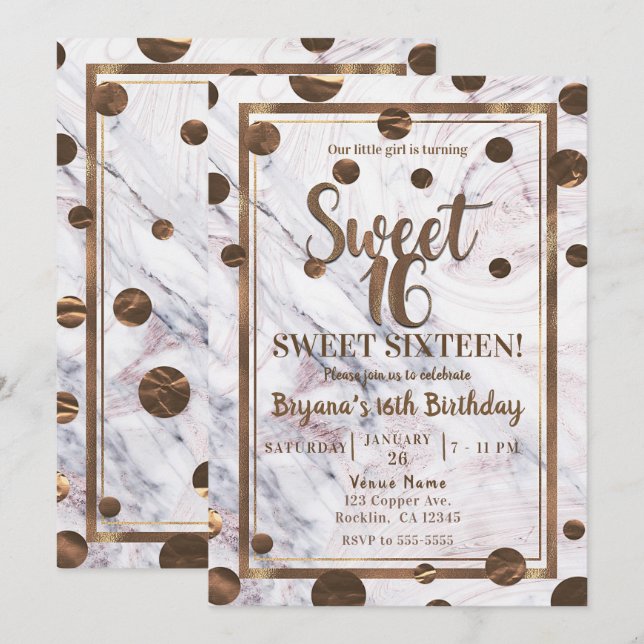 Invitación Fiesta Dulce 16 de Mármol de Oro Rosa Bronce Cobre (Anverso / Reverso)