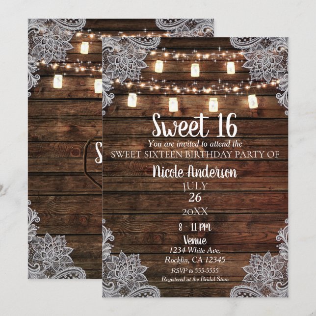 Invitación Fiesta Dulce 16 Granero Rústico Madera & Frascos d (Anverso / Reverso)