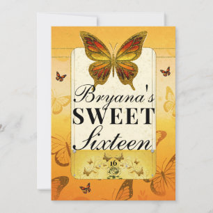 Invitación Fiesta Dulce 16 Mariposa Amarilla Naranja y Dorada
