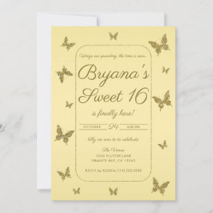 Invitación Fiesta Dulce 16 Mariposa Brillo Amarillo y Dorado