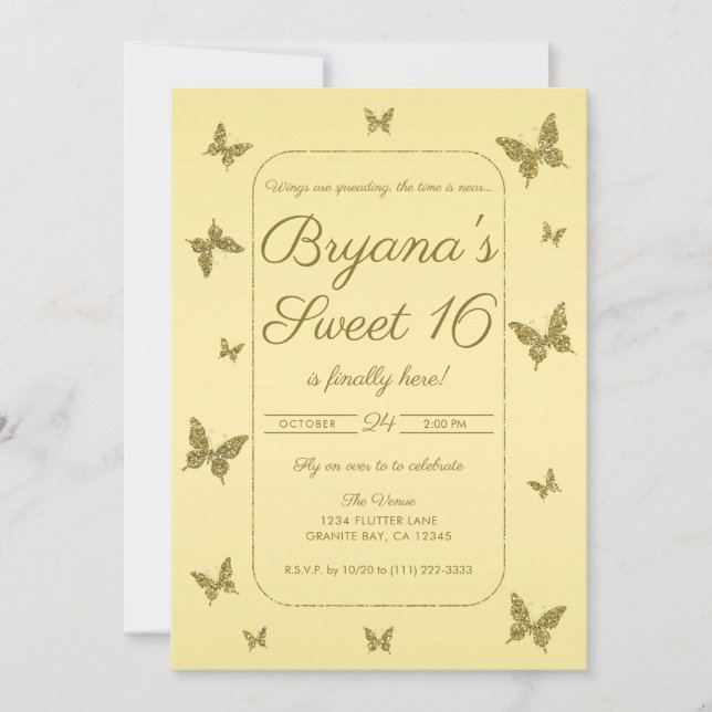 Invitación Fiesta Dulce 16 Mariposa Brillo Amarillo y Dorado (Anverso)