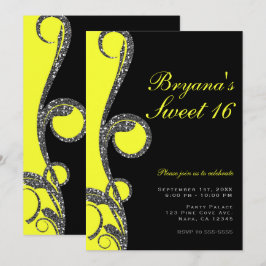 Invitación Fiesta Dulce 16 Remolino Brillo Negro y Amarillo N
