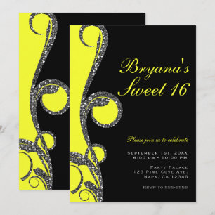 Invitación Fiesta Dulce 16 Remolino Brillo Negro y Amarillo N