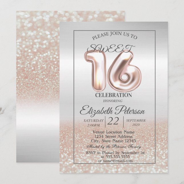 Invitación Fiesta Dulce 16 Rosa Dorado Plata Fría con Bokeh (Anverso / Reverso)