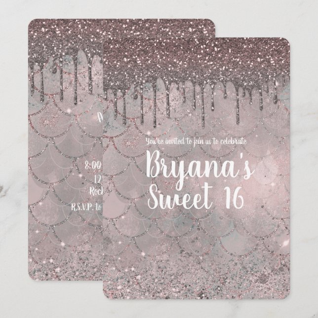 Invitación Fiesta Dulce 16 Sirena con Brillo Rosa Oro Rosado  (Anverso / Reverso)