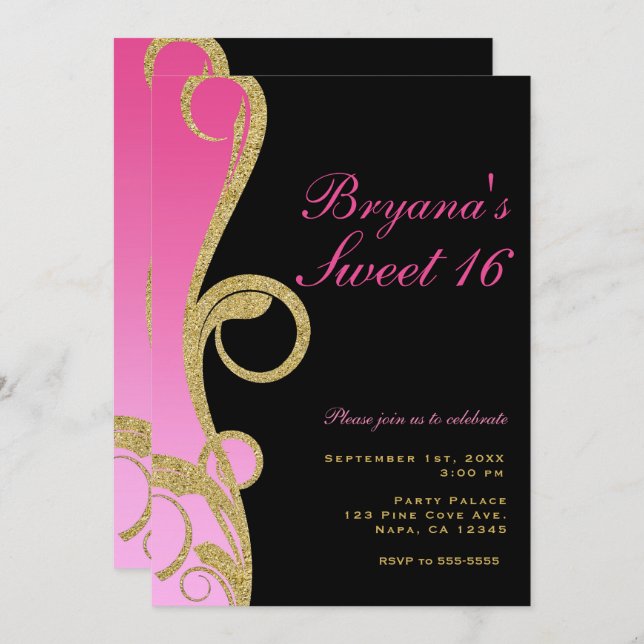 Invitación Fiesta Dulce 16 Torbellino Moderno Rosa Negro y Do (Anverso / Reverso)