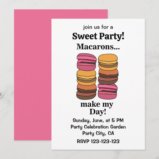Invitación Fiesta Dulce Colorida de Macarons (Anverso / Reverso)