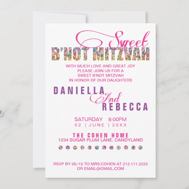 Invitación Fiesta dulce de la junta del tema B'NOT MITZVAH (Anverso)