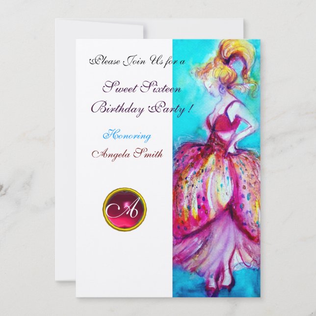 Invitación FIESTA DULCE DIECISÉIS,Oro monograma de rubí rosad (Anverso)