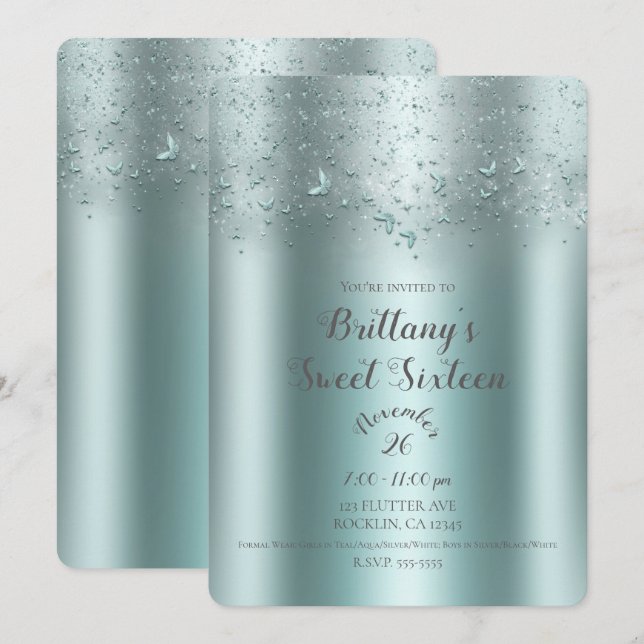Invitación Fiesta Dulces 16 Aleteo Mariposa Acuática Plateada (Anverso / Reverso)