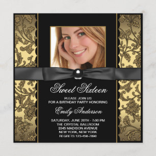 Invitación Fiesta Dulces 16 Años Foto Damasco Dorado Negro