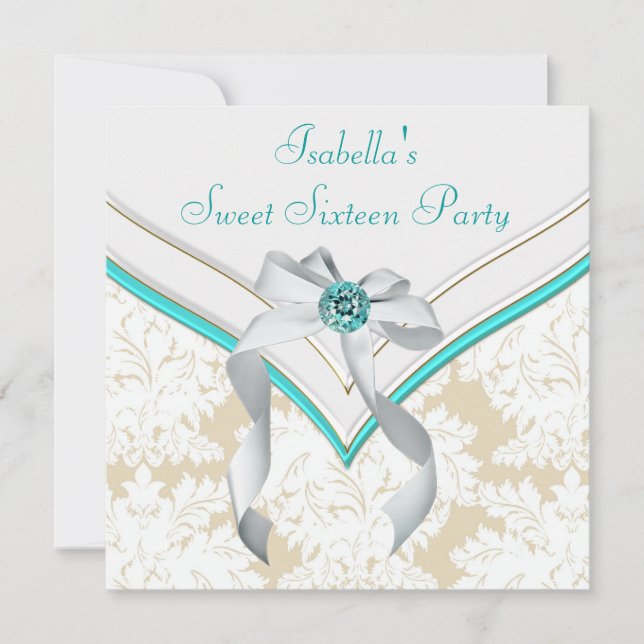 Invitación Fiesta Dulces 16 Azul Turquesa Damask (Anverso)