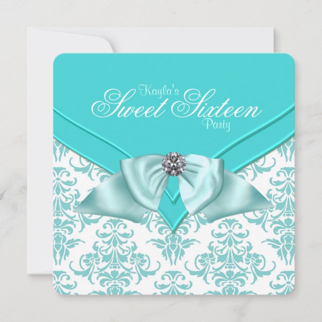 Invitación Fiesta Dulces 16 Azul Turquesa Damask (Anverso)