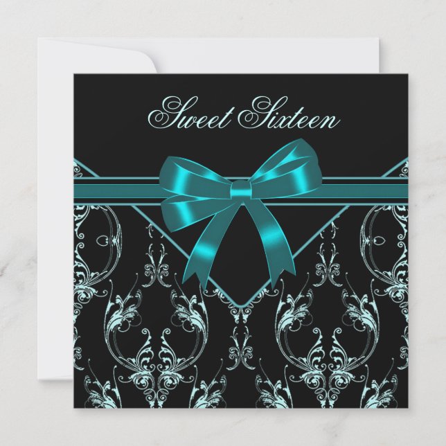 Invitación Fiesta Dulces 16 Azul Turquesa Negro Damask (Anverso)