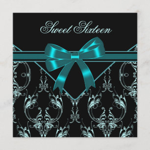 Invitación Fiesta Dulces 16 Azul Turquesa Negro Damask