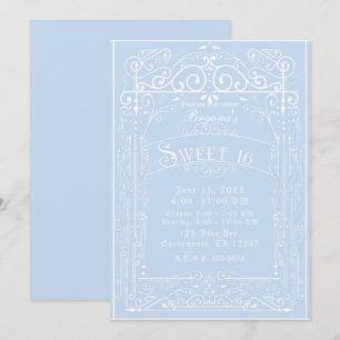 Invitación Fiesta Dulces 16 Azul y Blanco Vintage Victoriano