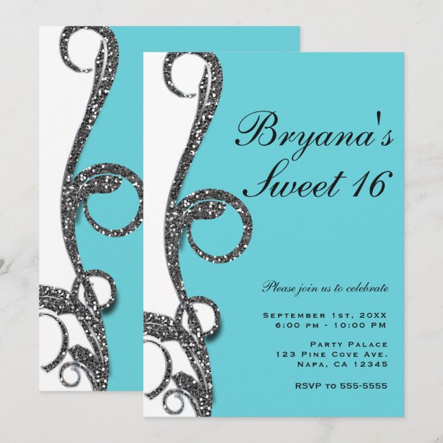Invitación Fiesta Dulces 16 Brillo Remolino Plateado Blanco T (Anverso / Reverso)