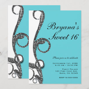 Invitación Fiesta Dulces 16 Brillo Remolino Plateado Blanco T