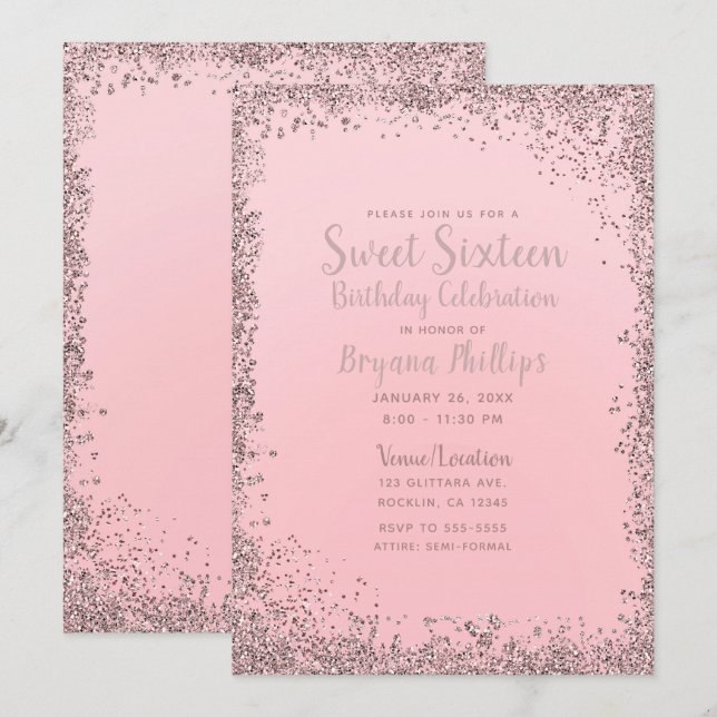 Invitación Fiesta Dulces 16 con Borde de Brillo de Oro Rosa (Anverso / Reverso)