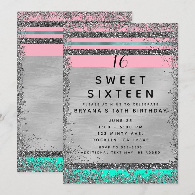 Invitación Fiesta Dulces 16 con Borde de Brillo Plateado Verd (Anverso / Reverso)