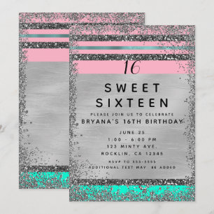 Invitación Fiesta Dulces 16 con Borde de Brillo Rosa Menta Ve