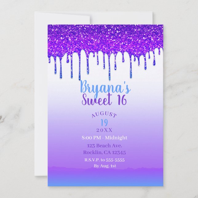 Invitación Fiesta Dulces 16 con Brillo Morado Rosa y Azul Got (Anverso)