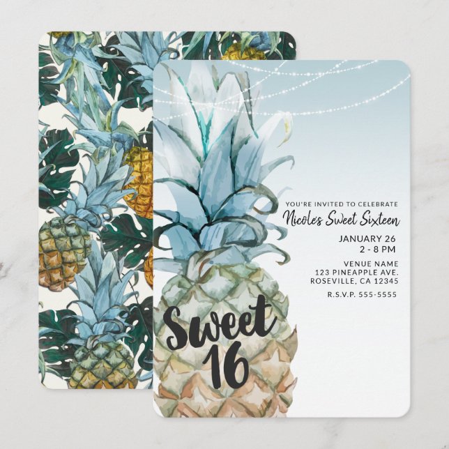 Invitación Fiesta Dulces 16 con Piña Tropical y Luces de Cade (Anverso / Reverso)