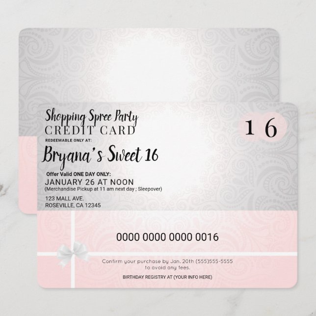 Invitación Fiesta Dulces 16 Crédito de Compras Rosa Rubor (Anverso / Reverso)