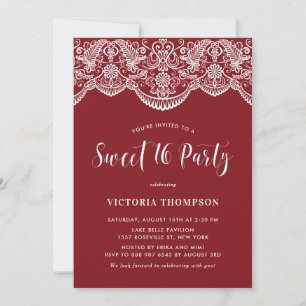 Invitación Fiesta Dulces 16 de Brocado de Encaje Blanco Rojo
