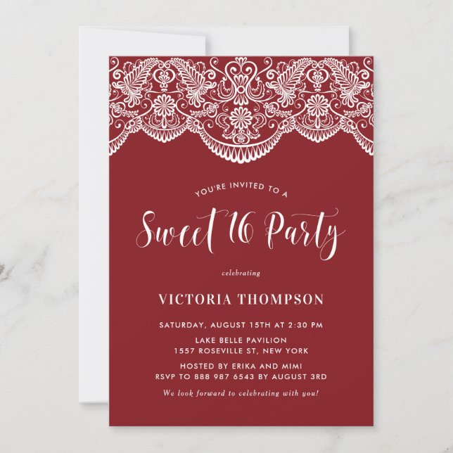 Invitación Fiesta Dulces 16 de Brocado de Encaje Blanco Rojo (Anverso)