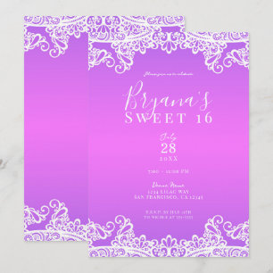 Invitación Fiesta Dulces 16 de Encaje Rosa Púrpura y Blanco