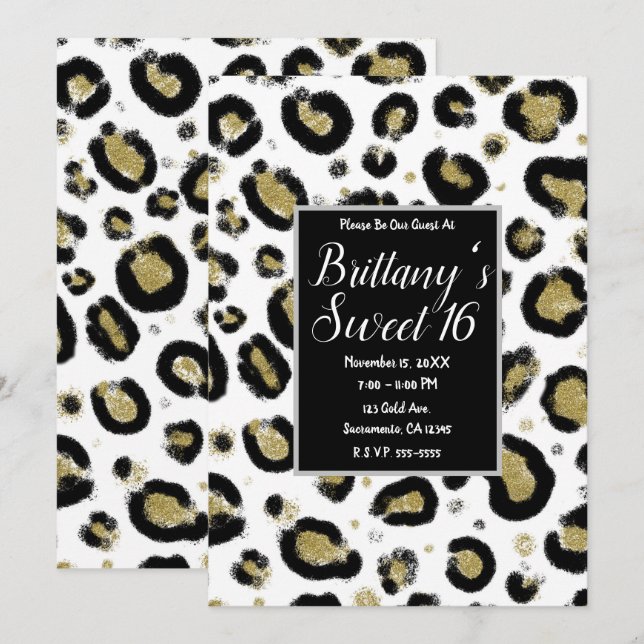 Invitación Fiesta Dulces 16 de Purpurina de Oro Blanco y Leop (Anverso / Reverso)