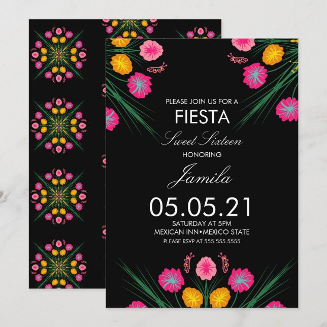 Invitación Fiesta Dulces 16 Flores Mariposas Dibujadas Mexica (Anverso / Reverso)
