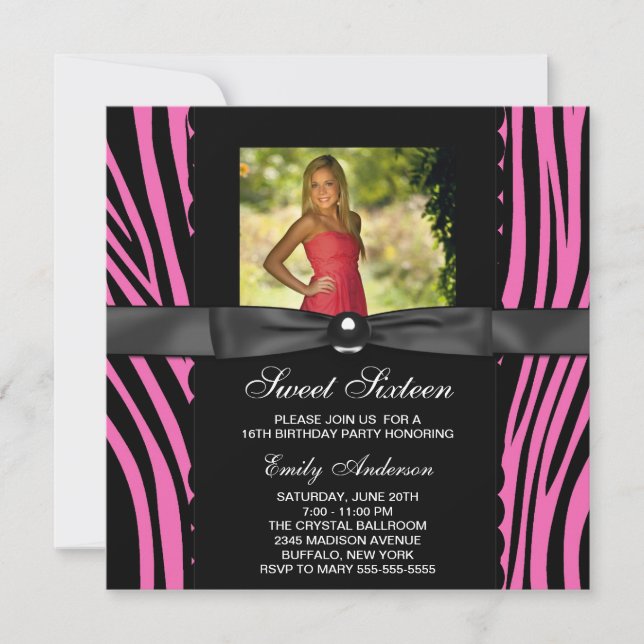 Invitación Fiesta Dulces 16 Foto Cebra Rosa Caliente (Anverso)