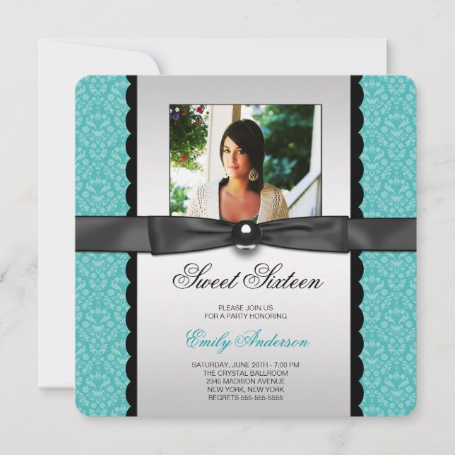 Invitación Fiesta Dulces 16 Foto Damasco Verde (Anverso)