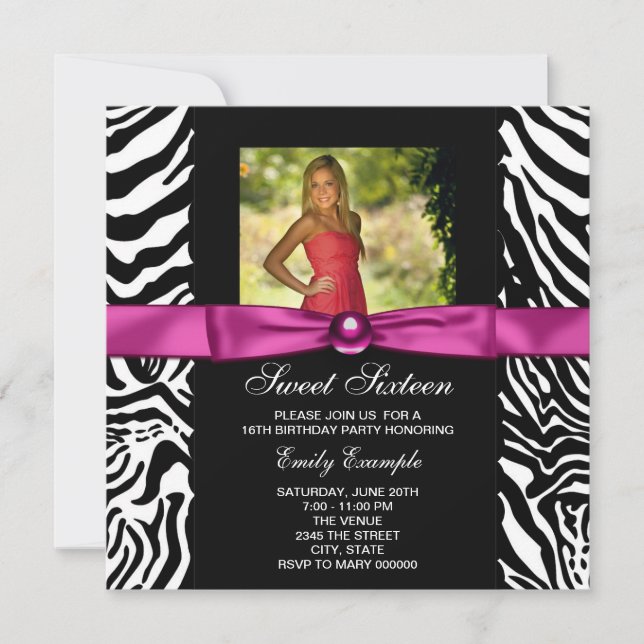 Invitación Fiesta Dulces 16 Foto de Cebra Rosa Caliente (Anverso)