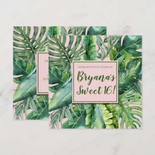 Invitación Fiesta Dulces 16 Hojas Tropicales Rosa y Verde