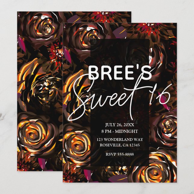 Invitación Fiesta Dulces 16 Jardín Oscuro Flores de Otoño Caí (Anverso / Reverso)
